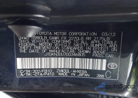 2013 Toyota Prius Two from USA, damaged, VIN JTDKN3DU7D0346805
